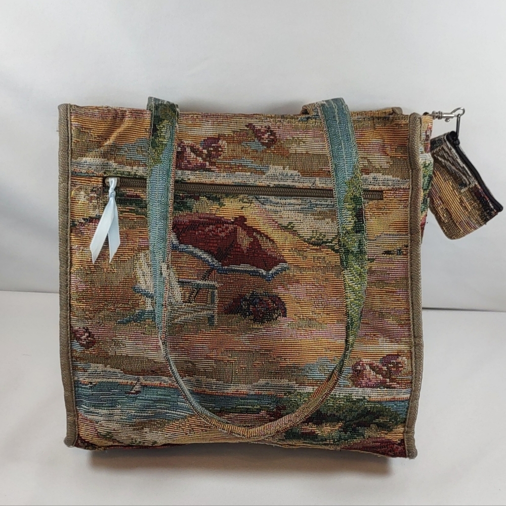 Jade Vintage Multicolor Coastal Beach Scene Tapestry Tote E/ Coin Purse